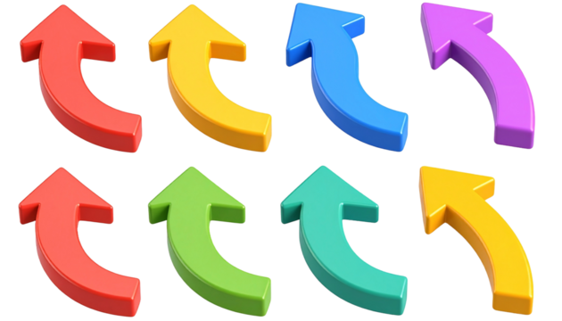 Flechas curvas coloridas en 3D sin fondo