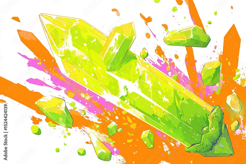 Wall mural bright green crystal shatters with colorful splashes and debris in a dynamic explosion of color