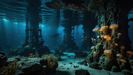 Underwater cavern scene, sunlight beams through water, glowing fungi, aquatic flora and fauna