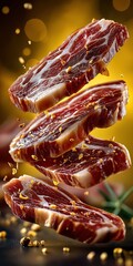 High-end food shot of thinly sliced fatty raw meat with golden seasoning, floating mid-air. Perfect for gourmet, culinary, or meat industry design themes.
