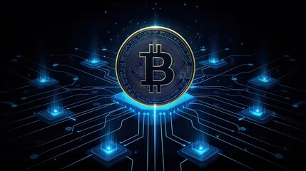 Glowing bitcoin symbol at the center of a digital blockchain network. Futuristic and high-tech representation of cryptocurrency, finance, and decentralization.