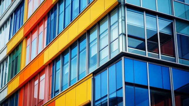 Vibrant and modern architectural design featuring a facade with a mix of colorful panels, showcasing the interplay of light and reflections in an urban setting.
