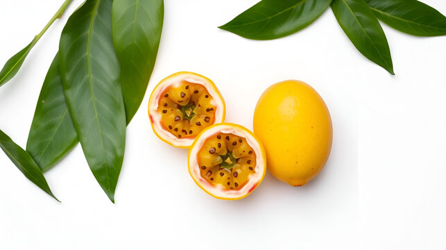 Flat lay of Yellow  passion fruit with cut in half and green leaf isolated on white background..