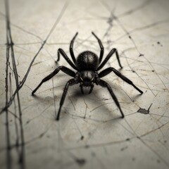 Close-up of a black spider centered on a textured, webbed surface