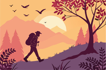 scenic sunset mountainous landscape, a person hiking with backpack in the foreground, birds in flight in the sky, geometric stylized trees and foliage, vibrant warm color palette