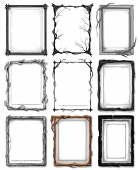 A collection of 9 hand-drawn fantasy and gothic-style frames with twisted branches and wood textures. Perfect for spooky, vintage, or mystical designs