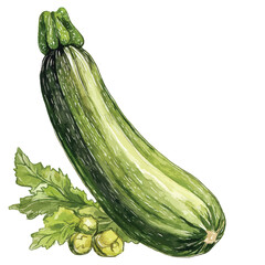 Watercolor Zucchini with Blossoms and Leaves Detailed Green Vegetable Art