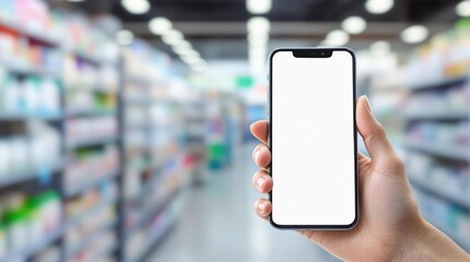 Hand is holding a modern smartphone on blurred pharmacy background