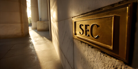 A gold sign with the letters SEC on it. The sign is on a wall in a hallway