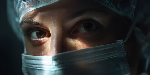 A woman wearing a surgical mask and a white lab coat. She has brown eyes and is looking at the camera