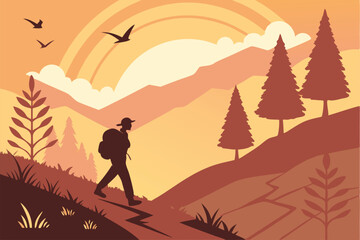scenic sunset mountainous landscape, a person hiking with backpack in the foreground, birds in flight in the sky, geometric stylized trees and foliage, vibrant warm color palette