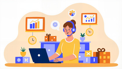 Young woman working on laptop with headset in colorful office  