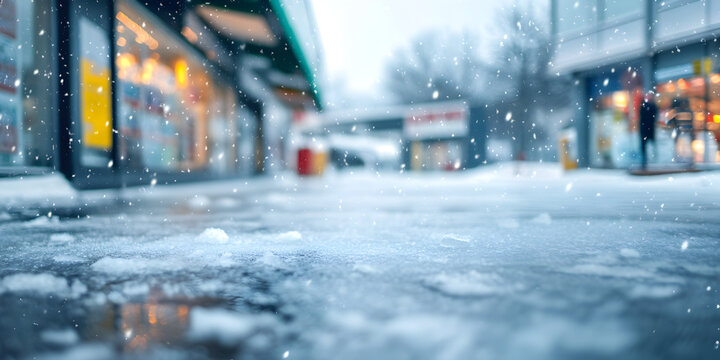 A snowy street with a blurry background and a red sign. The snow is falling and the street is wet