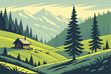  detailed pastoral landscape with a quaint cabin nestled in the hills, lush green meadows, towering pine trees, distant snow-capped mountains, cinematic lighting, colorful stylized digital art, matte