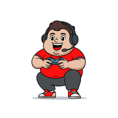 a vector illustration of a cartoon character of boy with big smile playing a video game