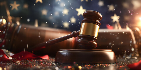 A wooden gavel sits on a wooden base in front of a red, white, and blue American flag
