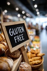 Gluten free sign displayed above assorted bread loaves in grocery store with blurred background