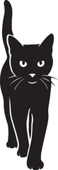 Walking black cat silhouette graceful motion, Feline in stride black white drawing
