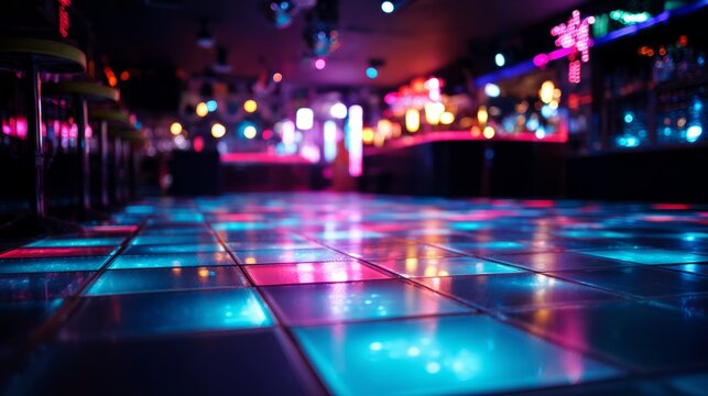 Neon dance floor with abstract light trails and vibrant colors, capturing the energy of nightlife.
