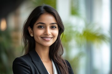 Portrait of a young attractive businesswoman smiling in a bright office, wearing a black suit jacket, her hair is up in a bun, looking directly at the camera