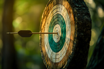 A wooden target with a green and white circle in the middle. A wooden arrow is shot at the target