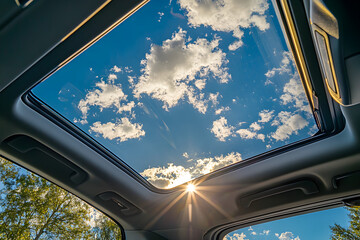 A car's sunroof is open, revealing a clear blue sky with fluffy white clouds. The sun is shining brightly, casting a warm glow on the car's interior. Concept of freedom and relaxation