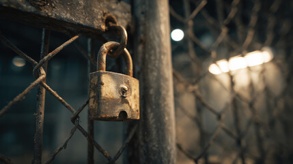 Rusty padlock securing a chain-link gate in a dimly lit indoor space during late evening hours