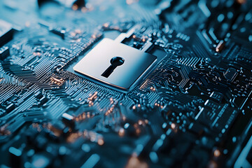 A close up of a computer chip with a keyhole in the middle. Concept of security and protection, as the keyhole is a symbol of a lock that keeps something safe