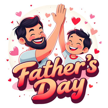 Father and son celebrating Father&rsquo;s Day in joyfully illustrated red and pink heart confetti design