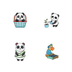 Adorable Panda Illustrations Shopping, Gardening, and Music Fun