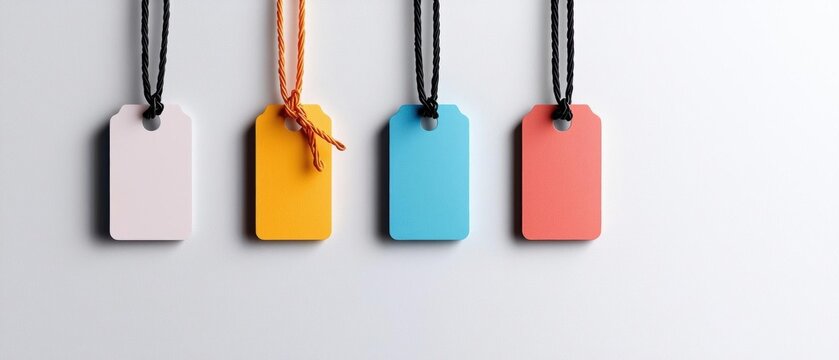 Four rectangular tags hanging from a black string. the tags are of different colors - one is white, one is yellow, and one is blue.
