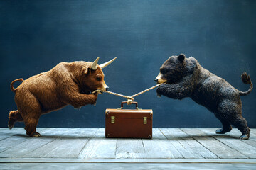 Two bears are fighting over a briefcase