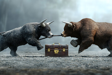 Two bears are fighting over a suitcase