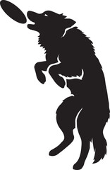 Dog catching disc silhouette action pose, Playful dog mid jump vector design