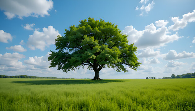 Single tree in a green field under a blue sky - Powered by Adobe