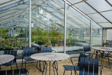 Chairs and tables for rest near greenhouse with plants in Copenhagen botanical garden. Favorite place of citizens and tourists in the center of Denmark capital.