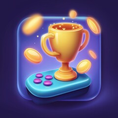 Digital illustration of a golden trophy resting on a game controller within a glowing, blue effect.
