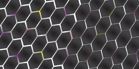 Dark hexagon abstract technology background with blue and pink colored bright flashes under hexagon. Hexagonal gaming vector abstract tech background.