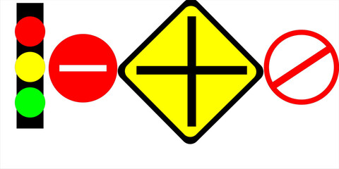 Set of triangular black, yellow, red, green and blue road signs with exclamation point. Caution sign. Vector icons for warning about the situation on the road. Isolated background
