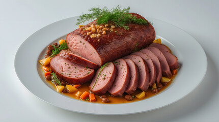 A delicious roasted meatloaf, sliced and served with a medley of colorful vegetables in a rich brown sauce. Garnished with fresh dill.