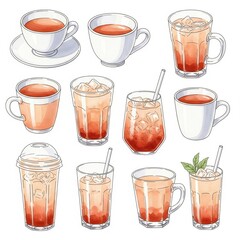 Watercolor Collection of Thai Tea in Soft Colors, Hand-Painted Style, Isolated on White Background