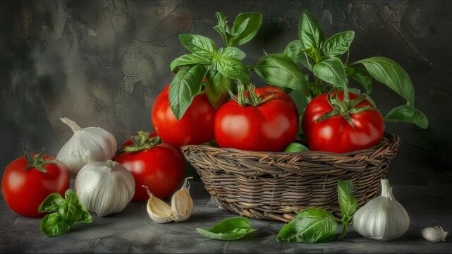 Fresh tomatoes and garlic in a rustic basket with basil on a dark background during a vibrant harvest season