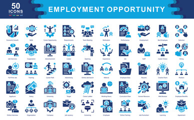 The Employment Opportunity  color fill icon set showcases key elements of modern recruitment such as resumes,, and employee benefits ideal for HR, staffing agencies, and career development platforms.