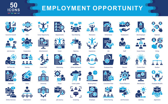 The Employment Opportunity  color fill icon set showcases key elements of modern recruitment such as resumes,, and employee benefits ideal for HR, staffing agencies, and career development platforms.