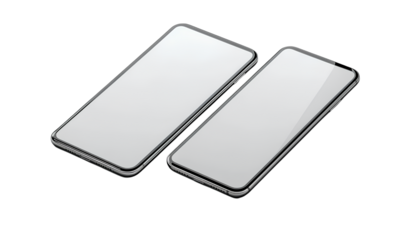 Vector icon of a silhouette figure running up stairs, composed of simple shapes, on a transparent background - 3D vector mockup of two blank smartphone screens with a transparent background