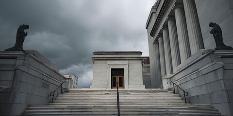 A large building with a gray stone facade and a gray roof