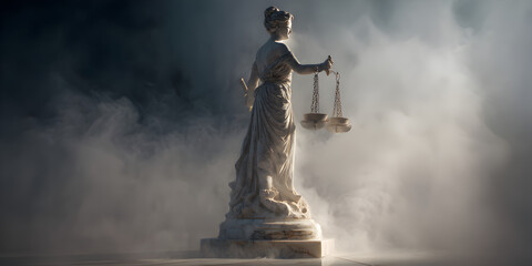 A statue of a woman holding scales with a cloud of smoke in the background