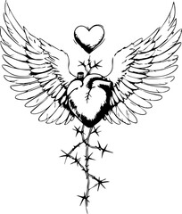 Winged heart with thorns and love symbolism artistic design graphic art black and white abstract viewpoint emotions