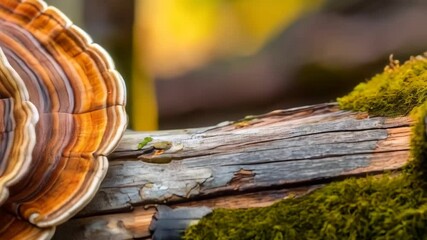 Bracket fungi growing on a log show concentric growth rings and warm autumn color shades in natural setting, moss and decay. - Powered by Adobe