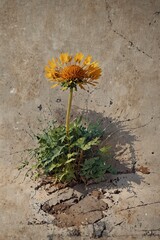 Yellow dandelion growing through cracked concrete surface
